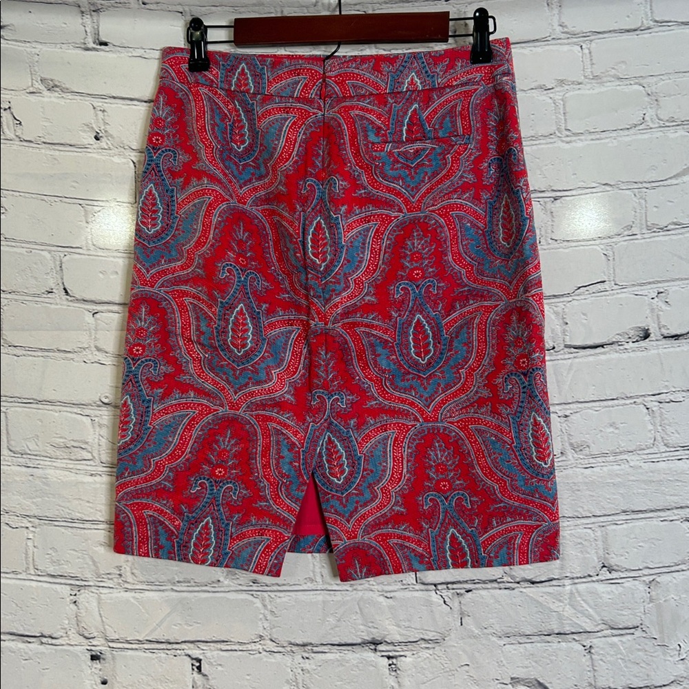 J. Crew Red Blue Paisley No. 2 Pencil Skirt Size 2 Excellent Condition - Picture 2 of 10